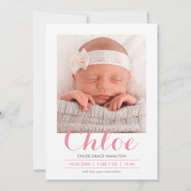 Faire-part Calligraphie Moderne Rose | Annonce de Naissance (Devant)