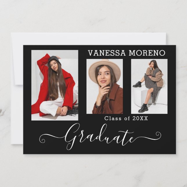 Faire-part Calligraphie moderne Script 3 Photo BxW Graduation (Devant)