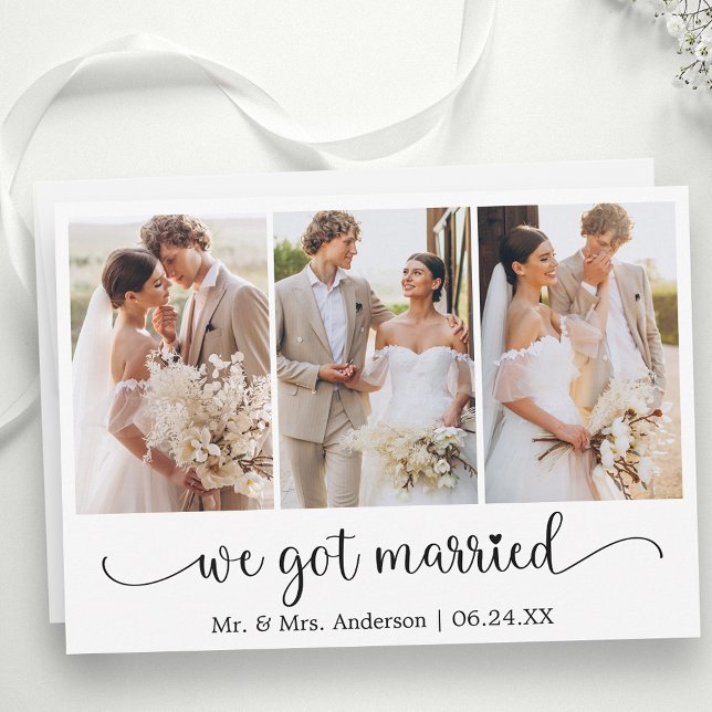 Faire-part Calligraphy 3 Photo Heart We Got Married (Customize to change your personalized text size, text style or to add text to back of card.)