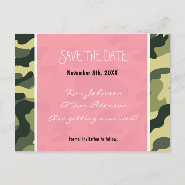 Faire-part Camo armée camouflage & rose carte postale Save Th (Devant)