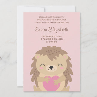 Faire-part Caricature de Hérisson rose Coeur mignon Naissance