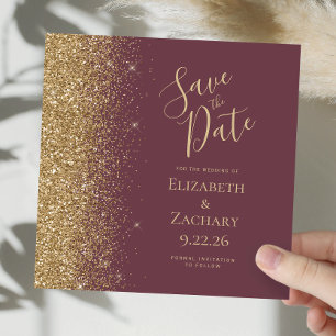 Faire-part Carré Dark Burgundy Gold Parties scintillant Enreg