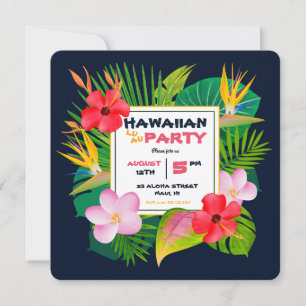Faire-part Carré Hawaiian Luau Party Dark Blue Floral Invitat