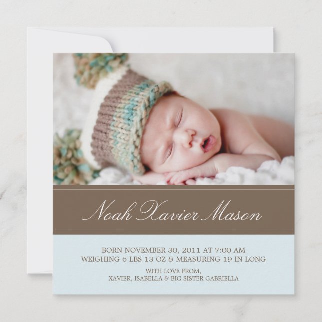 Faire-part Carré Marron & Bleu | Annonce de naissance (Devant)
