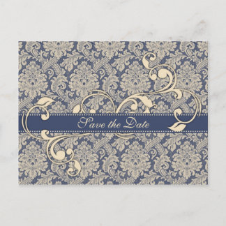 Faire-part Carte postale 'Blue Damask Save the Date' - TBA