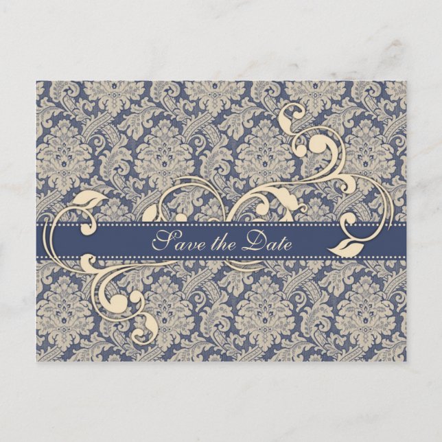 Faire-part Carte postale 'Blue Damask Save the Date' - TBA (Devant)