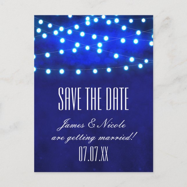 Faire-part Carte postale Blue Rustic Night String Lights Enre (Devant)