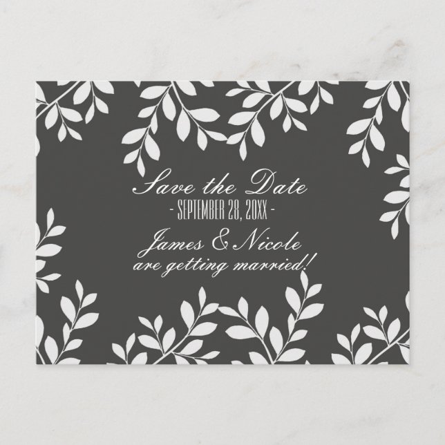 Faire-part Carte postale botanique moderne grise et feuilles  (Devant)