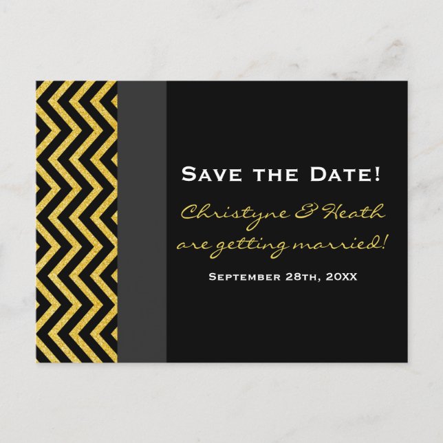 Faire-part Carte postale Chevron moderne noir et or Save Date (Devant)