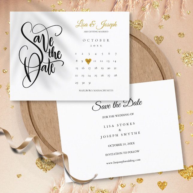 Faire-part Carte postale cœur d'amour doré Calendrier "Sauver (Save the Date Calendar Gold Love Heart Postcard)