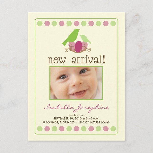 Faire-part Carte postale d'annonce bébé (lime) Tweet Tweet (Devant)
