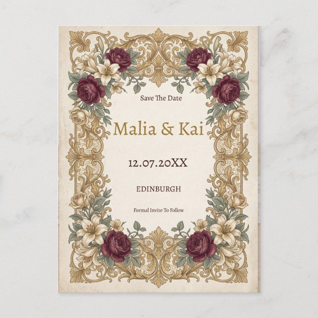 Faire-part Carte postale d'annonce de date de mariage baroque (Devant)