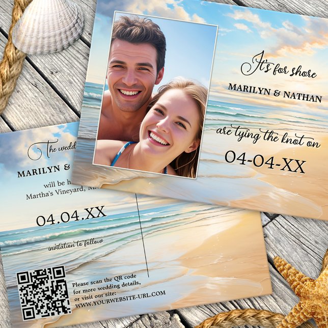 Faire-part Carte postale d'annonce de mariage à la plage à l' (Save the Date postcard featuring your photo framed by a watercolor painting of the beach - QR code)