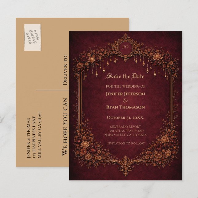 Faire-part carte postale d'annonce de mariage gothique hallow (Devant / Derrière)