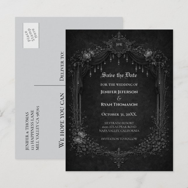 Faire-part carte postale d'annonce de mariage gothique hallow (Devant / Derrière)