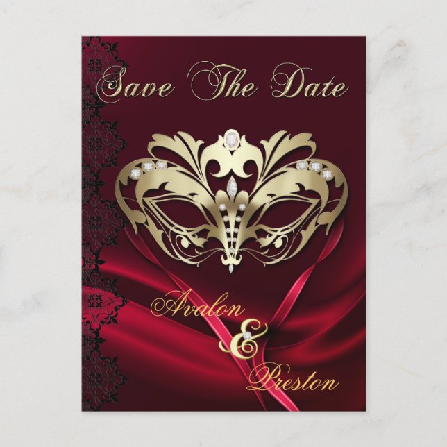Faire-part Carte postale d'annonce de mariage Mascarade dorée (Devant)
