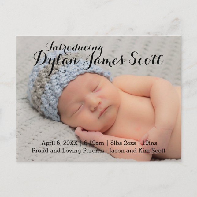 Faire-part Carte postale d'annonce de naissance à écriture él (Devant)