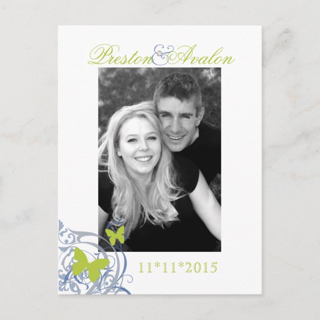 Faire-part Carte postale d'annonce papillon de printemps bleu (Devant)