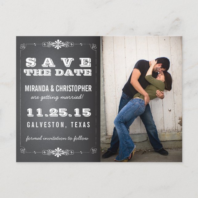 Faire-part Carte postale de mariage avec tableau noir à la cr (Devant)