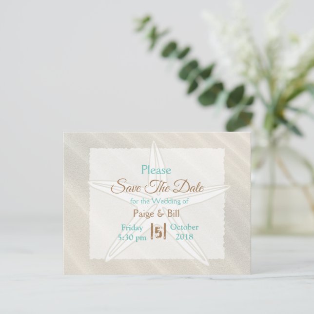 Faire-part Carte postale de mariage Coastal Starfish Save the (Debout devant)