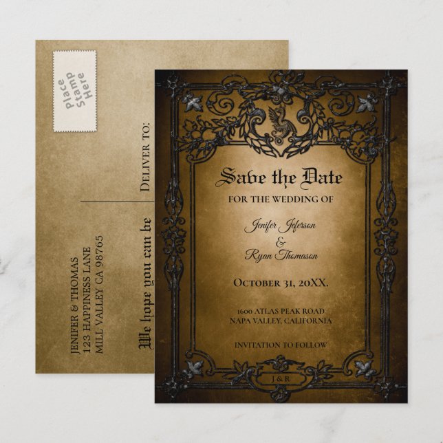 Faire-part Carte postale de mariage gothique Halloween pour a (Devant / Derrière)