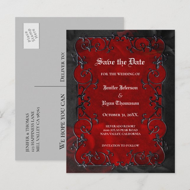 Faire-part Carte postale de mariage gothique Halloween "save  (Devant / Derrière)
