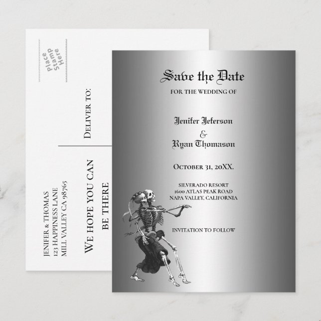 Faire-part Carte postale de mariage gothique Halloween "save  (Devant / Derrière)