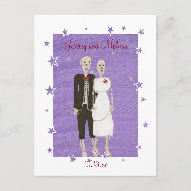 Faire-part Carte postale de mariage Halloween Skeletons Save  (Devant)