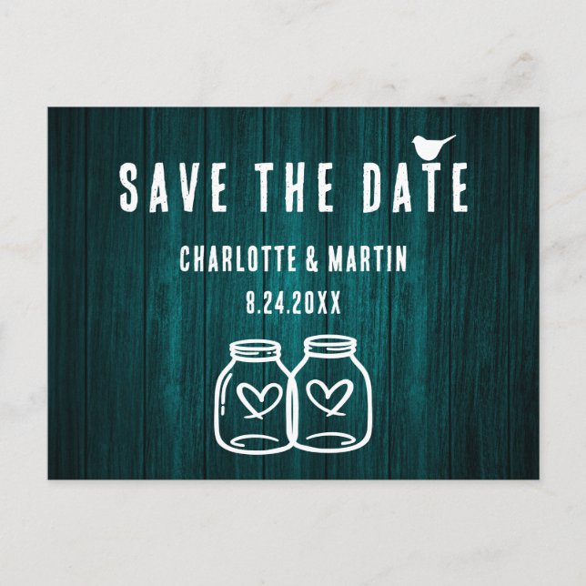 Faire-part Carte postale de mariage rustique sarcelle Save Th (Devant)
