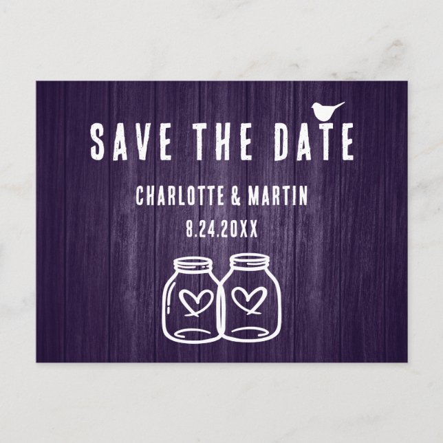 Faire-part Carte postale de mariage rustique violet pour anno (Devant)