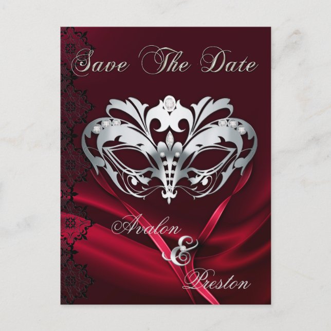 Faire-part Carte postale de masquerade argentée avec bijou ro (Devant)