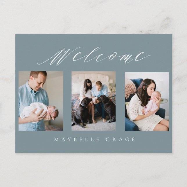 Faire-part carte postale de naissance bleu multi-photo (Devant)