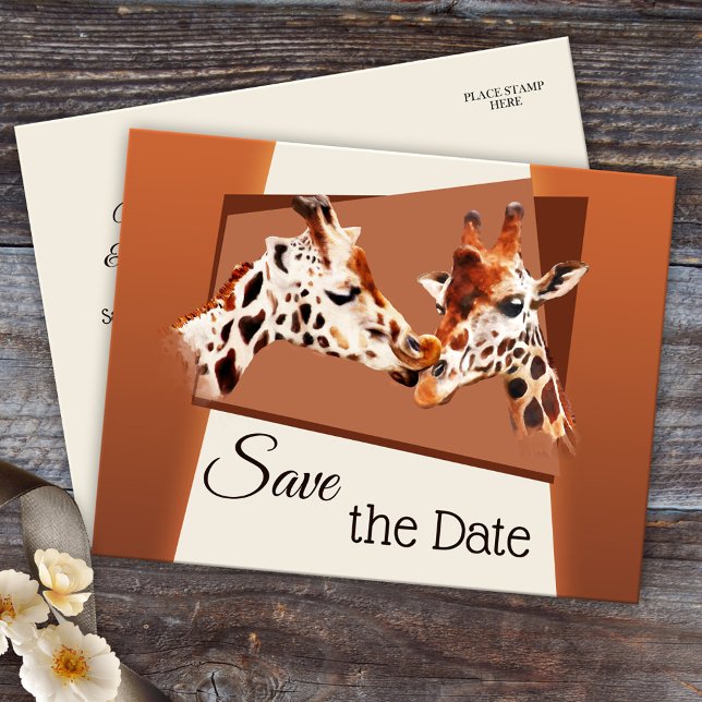 Faire-part Carte postale de sauvegarde de date de safari de g (Cute and romantic zoo or safari Save the Date postcard with a painting of giraffes in love)