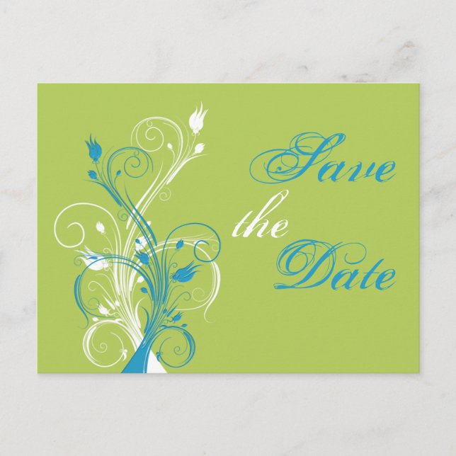 Faire-part Carte postale de sauvegarde florale Bleu Vert Blan (Devant)