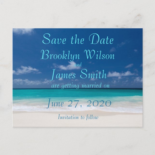 Faire-part Carte postale de save the date mariage plage bleue (Devant)