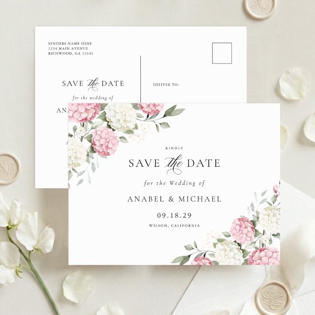 Faire-part Carte postale d'invitation Pink Hydrangea Save the (Créateur téléchargé)