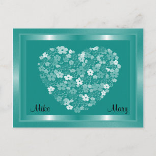 Faire-part Carte postale encadrée Cœur vert sarcelle de fleur