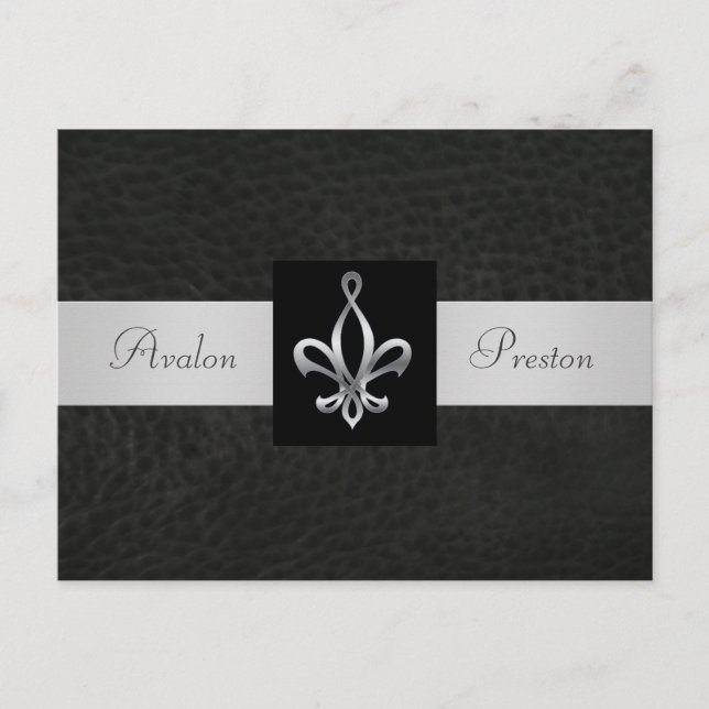 Faire-part Carte Postale Fleur De Lis en Cuir Noir Save The D (Devant)