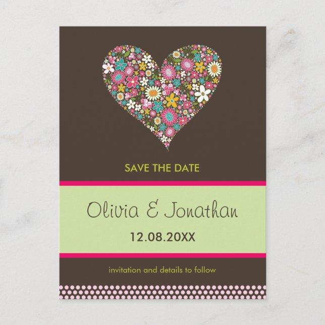 Faire-part Carte postale Fleurs de printemps roses Coeur Save (Devant)