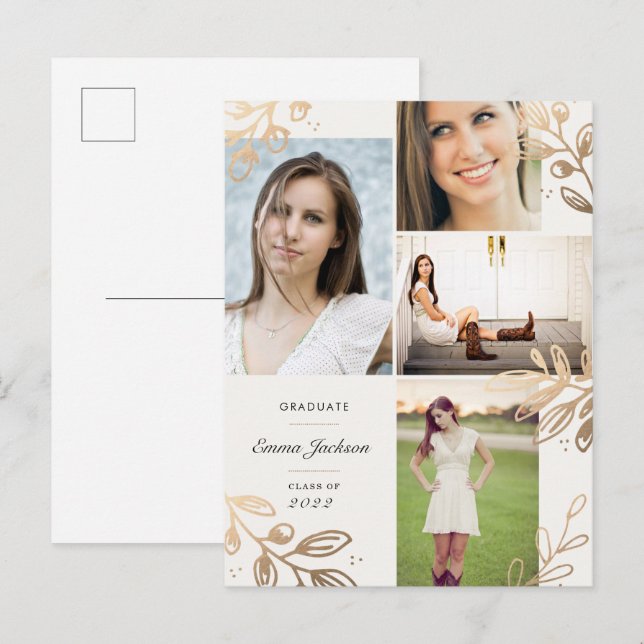Faire-part Carte postale Gold Feuilles 4 Photo Grad Faire-par (Devant / Derrière)
