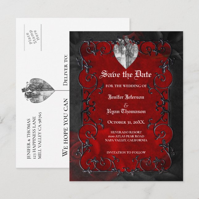 Faire-part Carte postale gothique de mariage d'Halloween pour (Devant / Derrière)