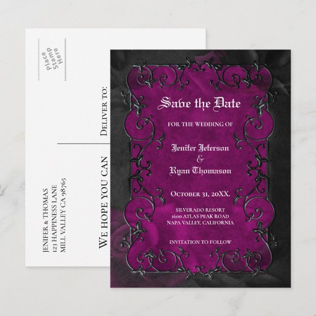 Faire-part Carte postale gothique de mariage d'Halloween pour (Devant / Derrière)