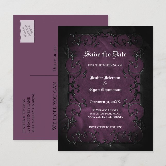Faire-part Carte postale gothique de mariage d'Halloween pour (Devant / Derrière)