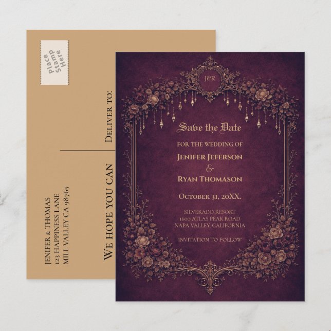 Faire-part carte postale gothique de mariage halloween pour a (Devant / Derrière)