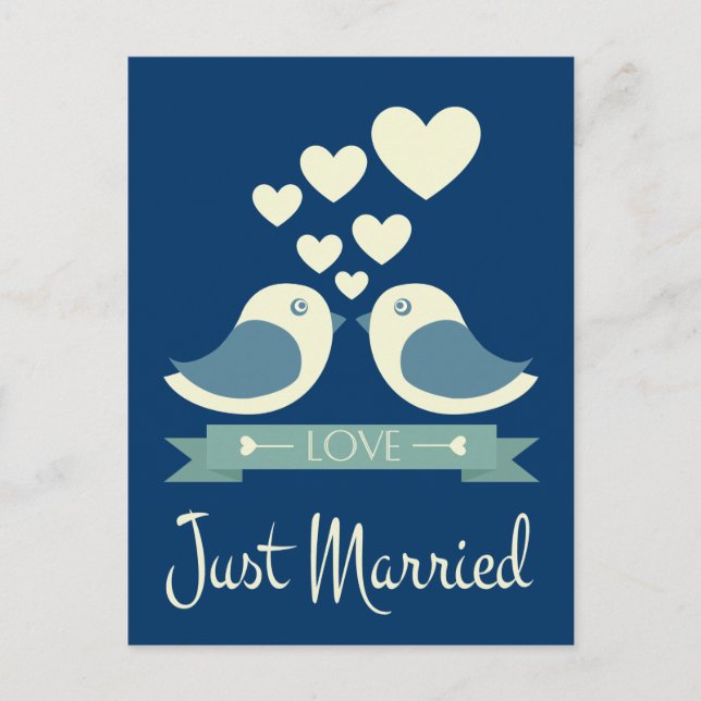 Faire-part Carte postale Mariage bleu de Lovebirds juste mari (Devant)