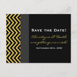 Faire-part Carte postale moderne Chevron noir et or Save Date