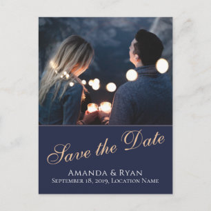 Faire-part Carte postale moderne de mariage avec photo bleue 