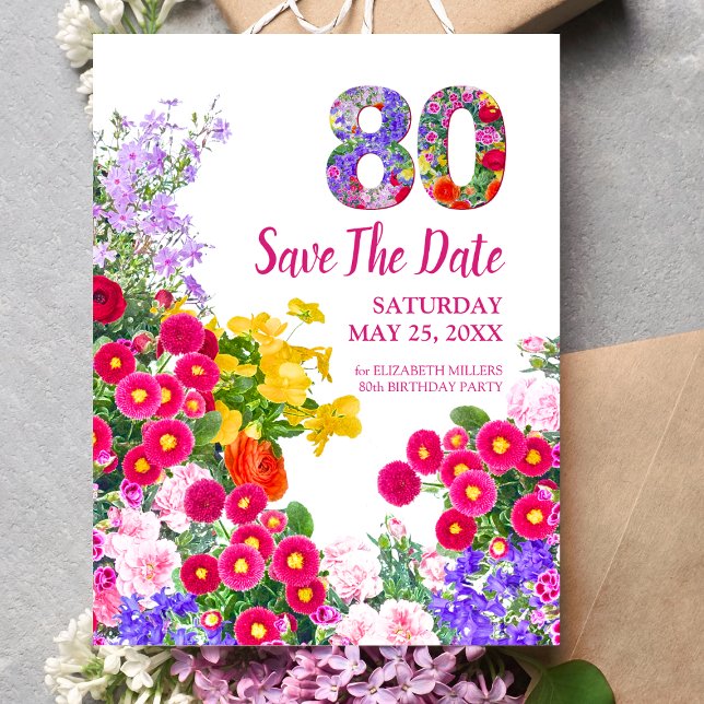 Faire-part carte postale moderne florale pour les 80 ans Save (Créateur téléchargé)