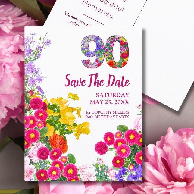 Faire-part carte postale moderne florale pour les 90 ans Save (Créateur téléchargé)