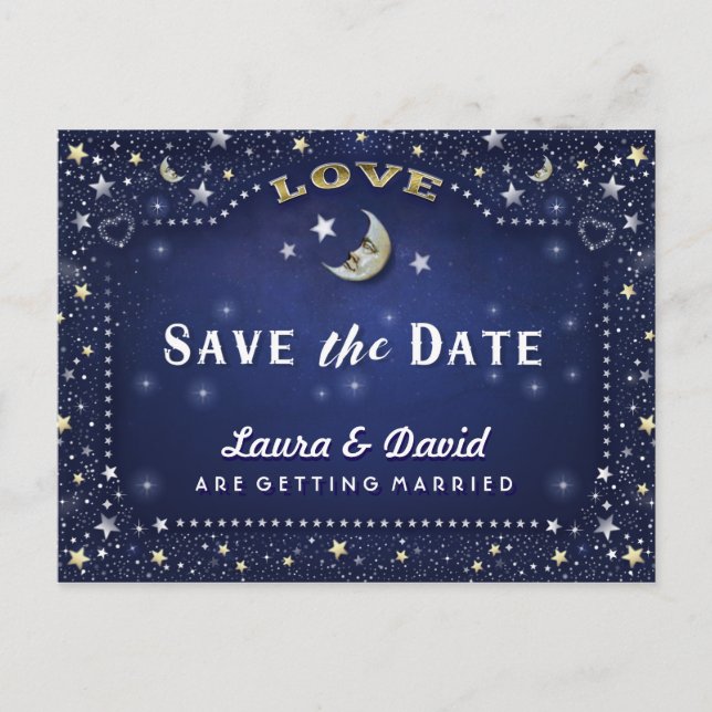 Faire-part Carte postale Moon & Stars Blue Gold & White Save  (Devant)